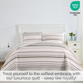 Southshore Fine Living, Inc. Oversized Twin Quilt Set, All Season Striped Beige Bedspread, 3-Piece Coastal Bedding Set with Matching Quilted Pillow Sham, Lightweight Twin XL Coverlet, Taupe Stripes