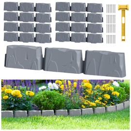 8Pcs Landscape Edging with 24 Pieces 8-Inch Spikes | for Flower Beds, Tree Rings, Pathways | Garden Edging Border Stone 12ft Long, 3-Inch Tall,Faux Stone Edging for Landscaping (Dark Grey)