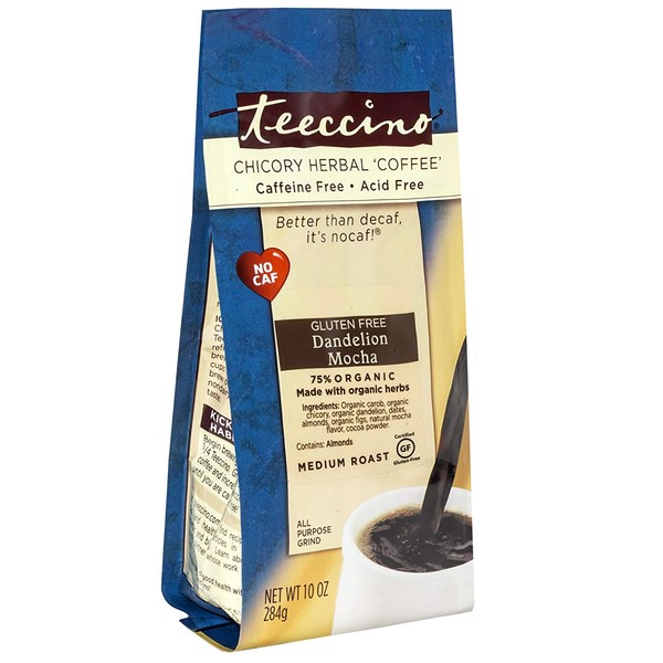 Teeccino Dandelion Herbal Coffee Alternative - Mocha - Organic Dandelion Root, Prebiotic, Caffeine Free, Gluten Free, Acid Free, Ground Coffee Substitute, Medium Roast, 10 ounce