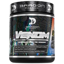 DRAGON PHARMA Venom Extreme Potency Pre-Workout, Laser Sharp Focus + Energy, Intense Performance, Proven Ingredients for Enhanced Vasodilation & Endurance (40 Servings, Bomb Pop)