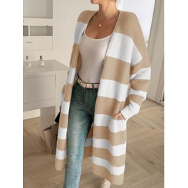 Saodimallsu Womens Striped Long Cardigan Sweaters Open Front Oversized Chunky Fuzzy Knit Fall Duster Sweater Coats Light Khaki