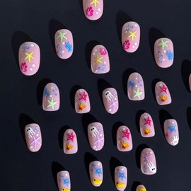 Short Almond Press on Nails Summer Fake Nails Pink False Nails Press Ons with Beach Vibes Sea Starfish Designs Cute Acrylic Nails Full Cover Glue on Nails Stick on Nails for Women Manicure 24PCS