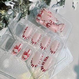Christmas Press on Nails Short Fake Nails with Red White Stripes Designs French Nails Press ons Cute Bow Star False Nails Stick on Nails Almond Shape Acrylic Nails Winter Nails for Women Girls 24Pcs