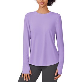 PINSPARK Rash Guard for Women Soft Crew Neck Long Sleeve T Shirts with Thumb Holes Quick Dry Lightweight for Fishing Running Tennis Casual,Lavender X-Large