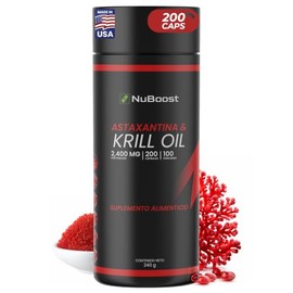 Nuboost Omega 3 Krill Oil con Astaxantina 2400 mg 200 capsulas - Aceite de Krill - Omega 3 EPA y DHA MADE IN USA