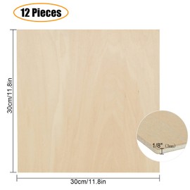 12 Pack 1/8 inch Basswood Sheets 12x12 Square 3mm Plywood Sheets Unfinished Wood Sheets Bass Wood Plywood for Laser Cutting Crafts Mini House Building Architectural Model Making Wood Burning Staining
