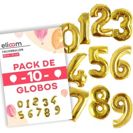ELIOOM Pack of 10 Giant Birthday Balloons, Birthday Decoration, Gold Helium or Air Balloons, Giant Number Balloons 1 2 3 4 5 6 7 8 9 0 Combine Numbers for Wedding Party Anniversary