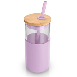 Tronco 16 oz Glass Tumbler with Straw and Bamboo Lid, Iced Coffee Cup Reusable, Smoothie Cups, Tumbler with Silicone Protective Sleeve - BPA Free