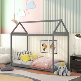 Harper & Bright Designs Twin House Floor Bed for Kids, Wooden Twin Montessori Bed Frame,Kids Twin Bed Frames for Baby Girls, Boys(Twin,Grey)