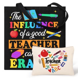 Teacher Canvas Tote Bags, Teacher Gifts for Women, Travel Beach Bag Reusable Grocery Shopping Bag & Teacher Cosmetic Bag Makeup Bag, Teacher Appreciation Gifts, Christmas/Birthday Gifts for Teachers