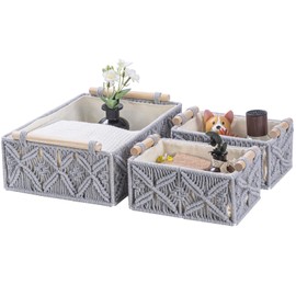 VinneGenzz Macrame Storage Baskets Handmade Boho Decor Box Natural Cotton Rope Woven Bins with Wood Handles Decorative Countertop Toilet Tank Shelf Cabinet Organizer Home Cubes - Set of 3, Gray