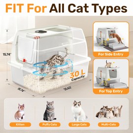XL Stainless Steel Cat Litter Box with Enclosure and Pooper Scooper - Durable Black Metal Litter Box for Big Cats, High Sides for Anti-Leakage, Never Absorbs Odors, Non-Sticky - (60x40cm) (White)
