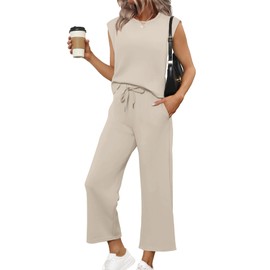 Sampeel Two Piece Set for Women Summer Cruise Travel Spring Outfits 2026 Beach Vacation Fashion Clothing Trendy Lounge Sets Matching Sets Airport Sweat Set Beige M