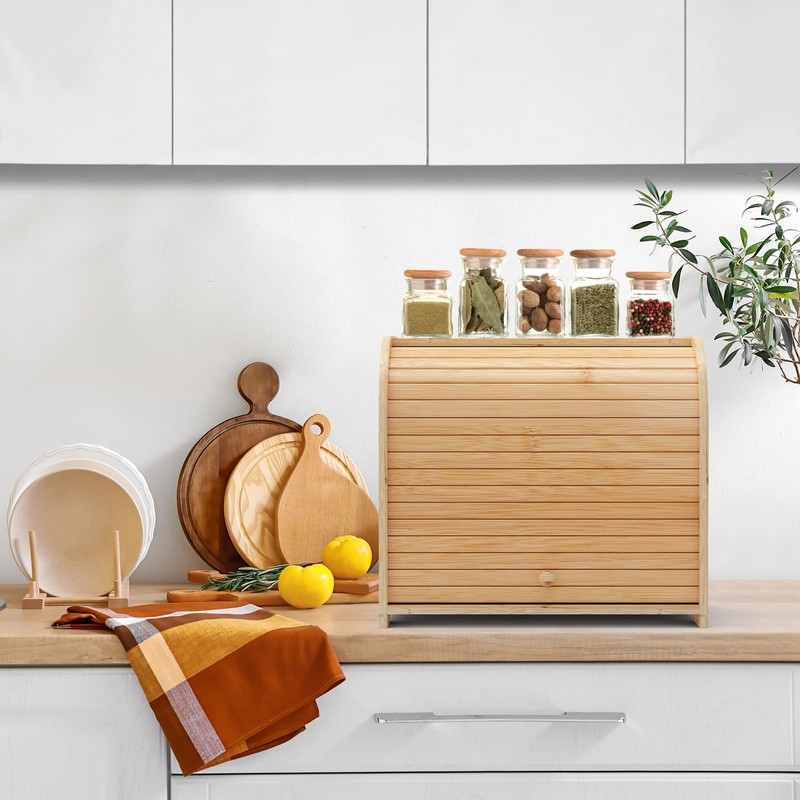 WRONWA Natural Bamboo Bread Box for Kitchen Countertop, Double Layer