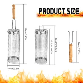 DTYGUIXE Set of 2 Rolling Grill Baskets, Stainless Steel, Nesting Rolling Grill Basket, 23.5 x 8.5 cm, Rolling Grilling Basket with Wooden Handle, Cylindrical Grill Basket for Dinner, Picnic, Camping,