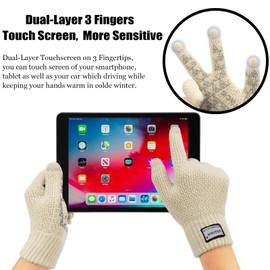 ViGrace Winter Warm Touchscreen Gloves for Men and Women Touch Screen Fleece Lined Knit Anti-Slip Wool Glove (Beige, Large)