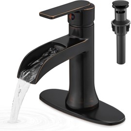 HOIGY Waterfall Bathroom Sink Faucet Oil Rubbed Bronze, Brass Single Handle Bathroom Faucet 1 Hole or 3 Hole (4 Inch), Modern Bathroom Vanity Faucets with Pop Up Drain & Deck Plate for Rv Farmhouse