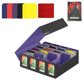 RASOO Card Deck Case for Trading Cards 3200+, 4 Rows Trading Card Storage Box with 10 Colorful Dividers and 4 Foam Stoppers, Premium Deck Box Fit for MTG, TCG (4 Black+Purple Deck Box)
