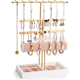 Organizador de Joyería de 4 Niveles, Estante Organizador de Joyas de Metal, Soporte para Joyas con en Forma de T con Bandeja, para Anillos, Pendientes, Relojes (Blanco)