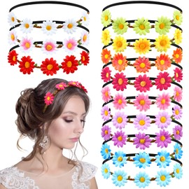 24 diademas de flores multicolor para mujeres y niñas, corona de flores florales hippie con banda elástica ajustable para el pelo, accesorios para el cabello de margaritas para niños, festivales, bodas y fiestas