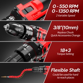 20V Cordless Drill, Electric Power Drill Set with Battery Charger, 3/8” Keyless Chuck, 2 Variable Speed, 18+3 Torque, 72pcs Driver Bits and Belt Hook, Red