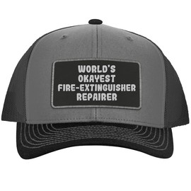 World's Okayest Fire-Extinguisher Repairer - Leather Black Patch Engraved Trucker Hat, Grey-Steel, One Size