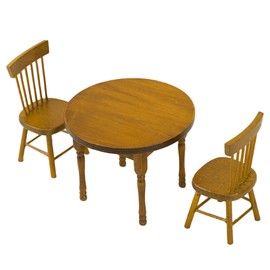 Quintrost Set of 3 Mini Table and Chair Ornaments, 1:12 Dollhouse Desk Chair Set, Miniature Simulated Desk Chair, Vintage Round Table Mini Furniture Model Toy Accessories (Brown)