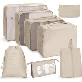 Bansga Packing Cubes for Suitcase 8 Sizes Suitcase Organizer Bags 8 pcs（Beige）