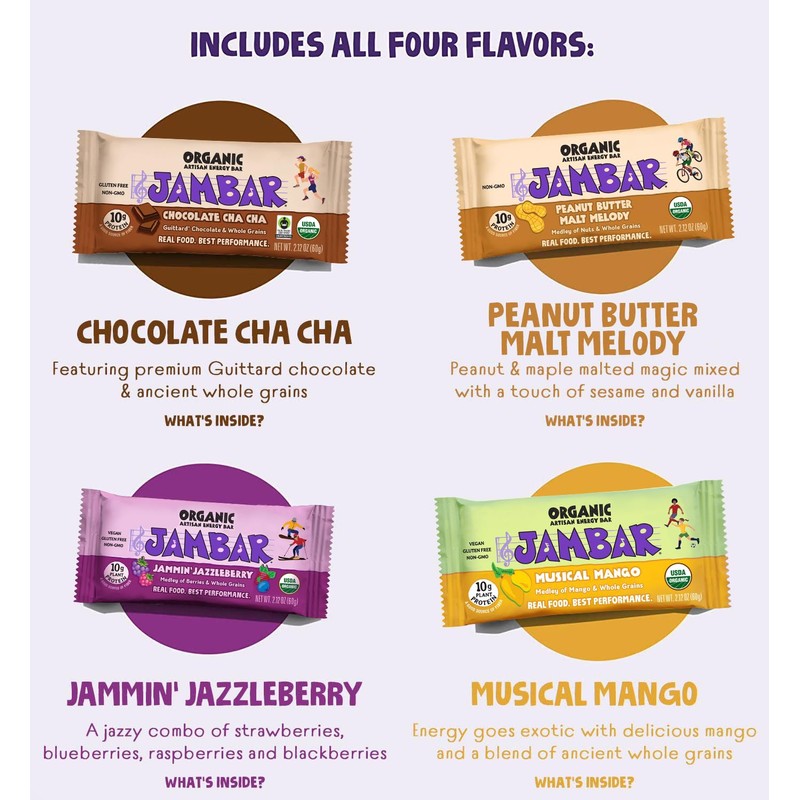JAMBAR Organic Artisan Energy Bar (Variety Flavors - 12 Pack)