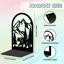 Peacoblue Metal Bookend Stopper Holder Stand for Shelves Decorative, 13.5x11x20 Modern Creative Heavy Duty Study Book End for Desk Shelf, 1 Pair (Mountain and Forest with Bear)