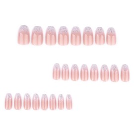 Gifiky Short Coffin False Nails- Gradient French Press on Nails Full Cover Nude Nails Tips Galaxy Fake Nails for Women and Girls 24Pcs