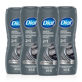 Dial Men 2 in 1 Body and Face Wash, Activated Charcoal, 16 Fl Oz, Pack of 4, Gentle Exfoliating Body Wash with Clean Rinse Technology