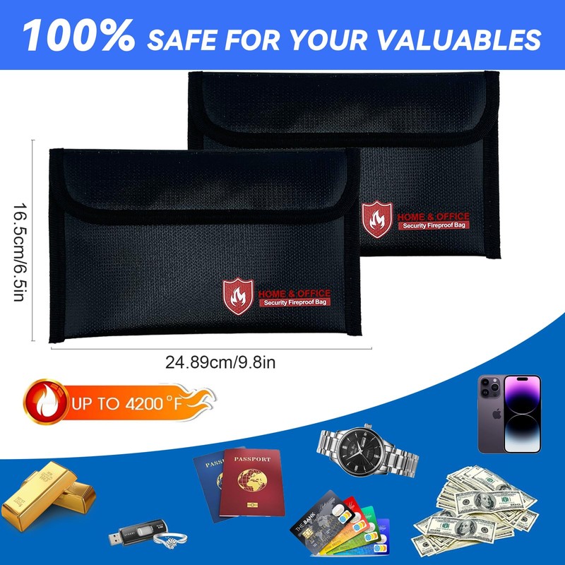 ZQZXD 2 Pack Fireproof Money Bag (5x8''), Non-Itchy Waterproof Fireproof