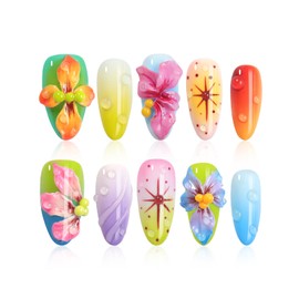 HOMSERA Colorful Press on Nails Medium Almond Handmade Press on Nails with 3D Flower Starfish Grapefruit Design, French Tips Acrylic Fake Nails for Women, Beach Vacation Bikini DIY Manicure Set