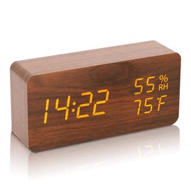 GoodView Alarm Clock, Wood Grain, Stylish, LED Digital Clock, Alarm Clock, Thermometer, Hygrometer, Calendar, Memory Function, USB Powered, Interior Gift, Gift