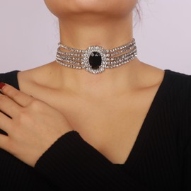 Chargances Multilayer Rhinestone Necklace Pearl Pendant Choker Boho Statement Crystal Short Collar Party Wdding Accessories for Women (Black)