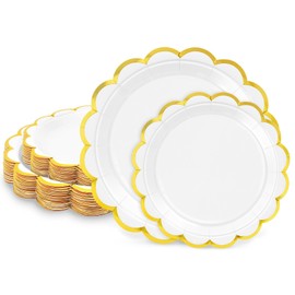 LIKAJON 50 Pcs White Paper Plates, 25 Pcs 9" and 25 Pcs 7" Disposable White Scalloped Plates with Gold Foil for Graduation Wedding Baby Shower Birthday Party Picnic BBQ