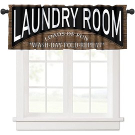 ShiTingYu Laundry Room Valance for Window, Wooden Vintage Farmhouse Dry Wash Fold Repeat Country Black White Lace Valance for Bedroom Living Room Bathroom 1 Piece,54x18 Inch