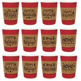 Afarnook 100 Sets 12 oz Christmas Disposable Coffee Cups with Lids and Sleeves Insulated Ripple Wall Paper Coffee Cups for Christmas Party Supplies