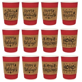 Afarnook 100 Sets 12 oz Christmas Disposable Coffee Cups with Lids and Sleeves Insulated Ripple Wall Paper Coffee Cups for Christmas Party Supplies