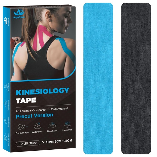 AnjoCare Kinesiology Tape, 5 x 25 cm Pre-Cut Kinesiotapes for Sports, Waterproof & Elastic Skin-Friendly Kinesio Tapes for Knee Pain, Elbow and Shoulder (Blue + Black)