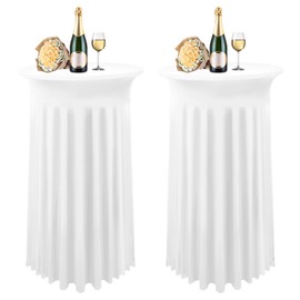 Lykoow 2 Packs Cocktail Table Covers Spandex Stretch White Round Tablecloth with Skirt, 32"x 43" Upgraded Model Cocktail Table Skirt Fitted High Top Stretch Table Dress for Party Wedding Banquet Table