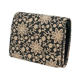 Indenya 2204-11-169 Billfold Wallet, Bill H, Box-shaped Coin Purse, Deer Leather, Black Background x White Lacquer, Clematis Pattern, Black, White