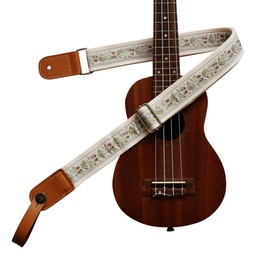 MUSIC FIRST Original Design Vintage Floral Embroidered & Genuine Leather Ukulele Strap Ukulele Shoulder Strap With a Genuine Leather Strap Locker (Creamy White Floral)
