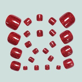 AkiliBIELY Bling Red Press on Toenails For Women Acrylic Full Cover Toe Nail Press ons Fantasy Shaped Glitter Toe Press on Nails Classy Aesthetic Press on Toe Nails Sparkly for Wedding Birthday