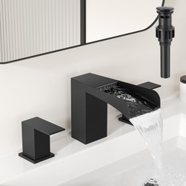Kroias 8 Inch Square Matte Black Widespread Bathroom Sink Faucets 3 Hole, Stainless Steel Waterfall Bathroom Faucet with Pop Up Drain and cUPC Supply Lines, Two Handles for Vanity, Lavatory