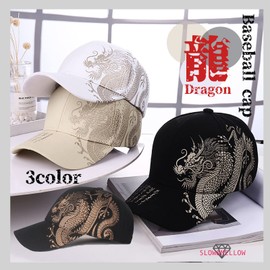 SLOW & MELLOW Cap, Dragon Design, Japanese Pattern, Baseball Cap, Casual, Men's, Kanji Cap, Adjustable Size, 3 Colors, white