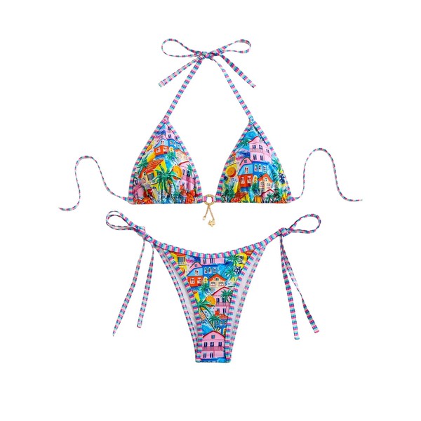 WDIRARA Women's 2 Piece Boho Swimsuits Floral Print Halter String