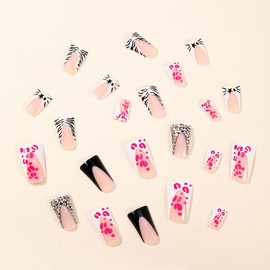 24Pcs Leopard Duck Nails Press on Medium Duck Nails with Rhinestone Design Glitter Stick on Nails White French Tip False Nails Glossy Acrylic Press on Nails Artificial Nails for Women Manicure Decor