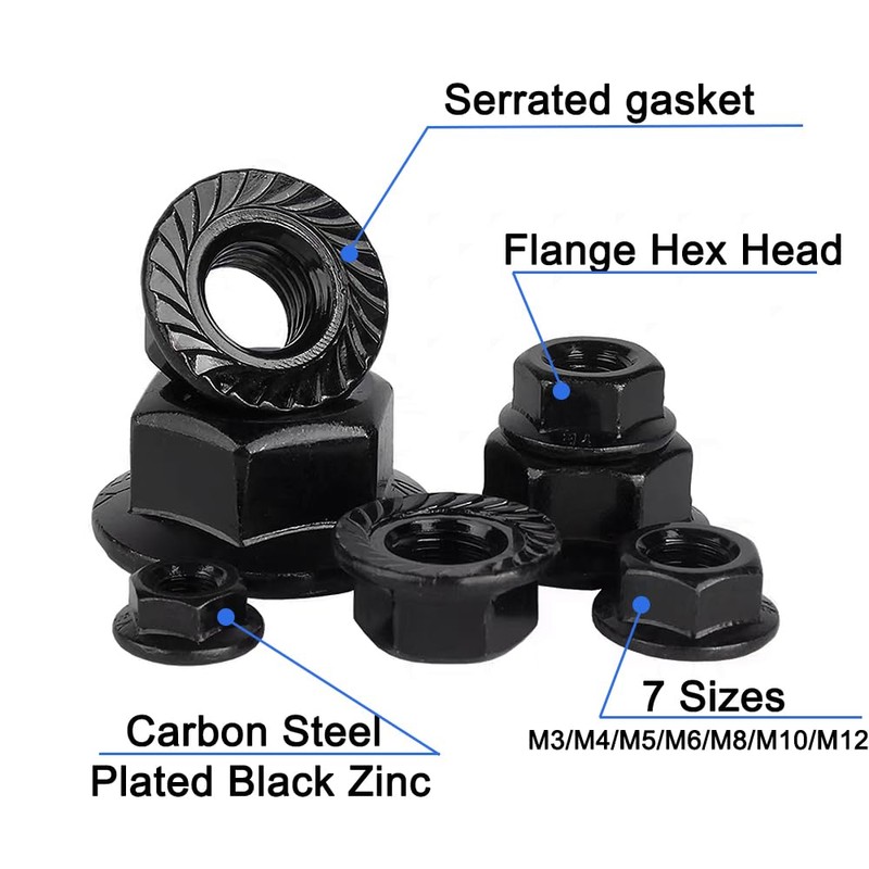 108 Pcs Black Serrated Flange Hex Lock Nuts Kit Self-Locking